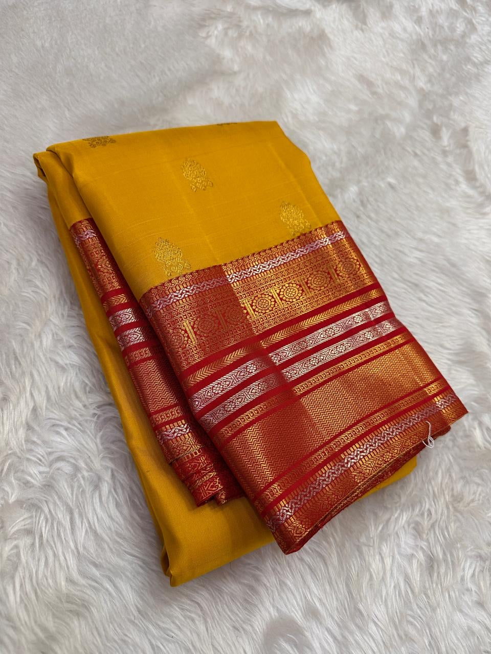 Marigold Yellow and Red Handwoven Pure Silk Kanchi Pattu Saree with Sonarupa Gold and Silver Varisaipet Border