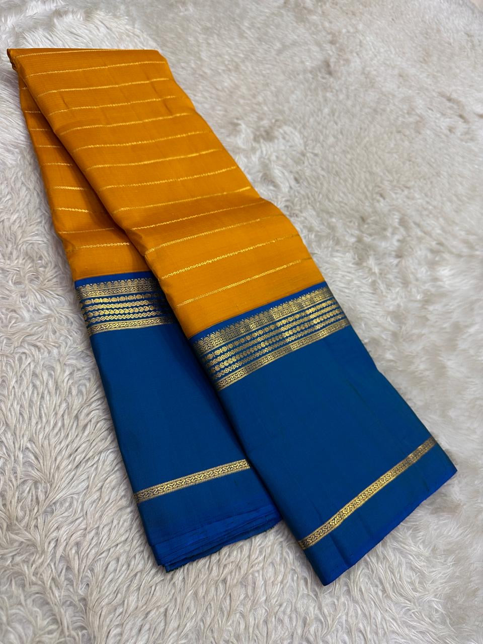 Marigold Yellow Handwoven Pure Silk Kanjeevaram Korvai Saree with Royal Blue Border and Veldhari Zari