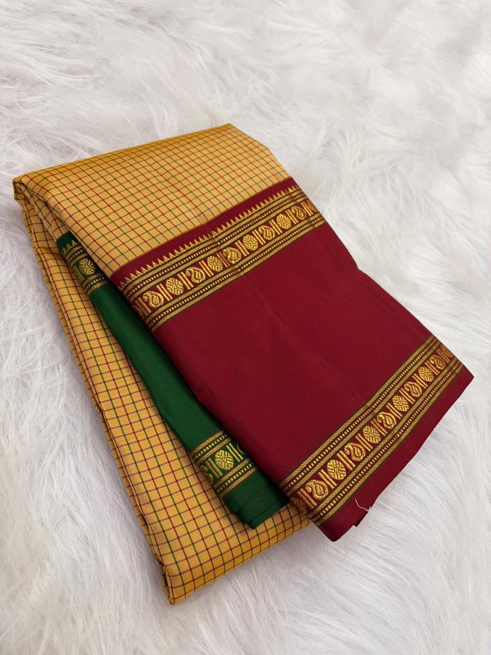 Marigold Handwoven Pure Silk Kancheepuram Saree with Ganga Jamuna Zari Kattam Rettapet Border