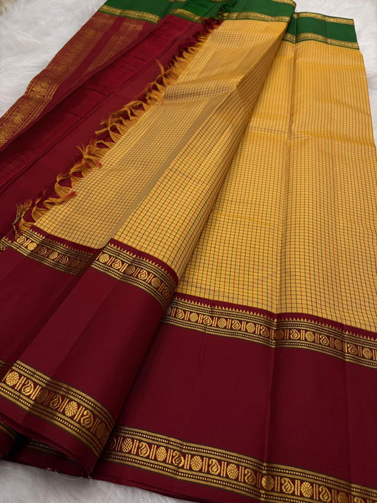 Marigold Handwoven Pure Silk Kancheepuram Saree with Ganga Jamuna Zari Kattam Rettapet Border