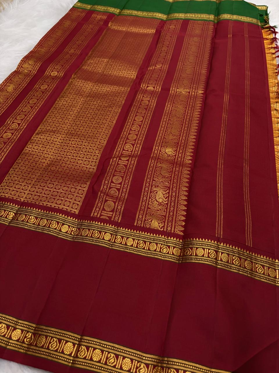 Marigold Handwoven Pure Silk Kancheepuram Saree with Ganga Jamuna Zari Kattam Rettapet Border