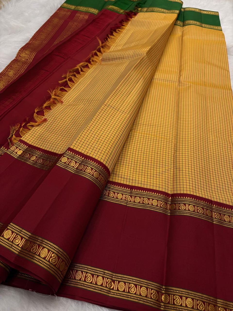 Marigold Handwoven Pure Silk Kancheepuram Saree with Ganga Jamuna Zari Kattam Rettapet Border