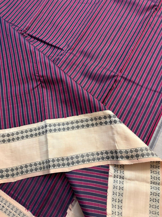 Maroon and black striped pure Kanjivaram silk saree with off white rudraksha rettapet borders