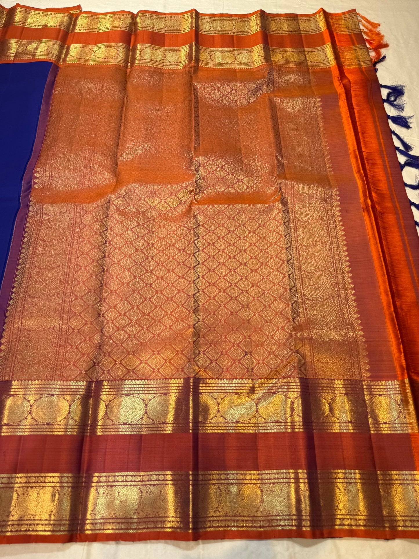 Arakku red pallu with gold zari panels on royal blue rettapet Kanchipuram silk saree — Idam Living