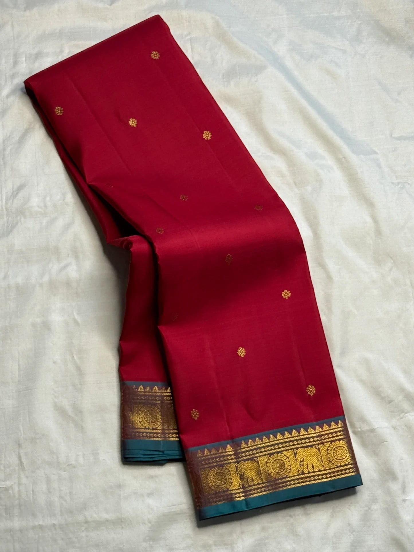 Maroon Butta pure silk Kancheepuram saree with teal elephant-motif border — full overview — Idam Living