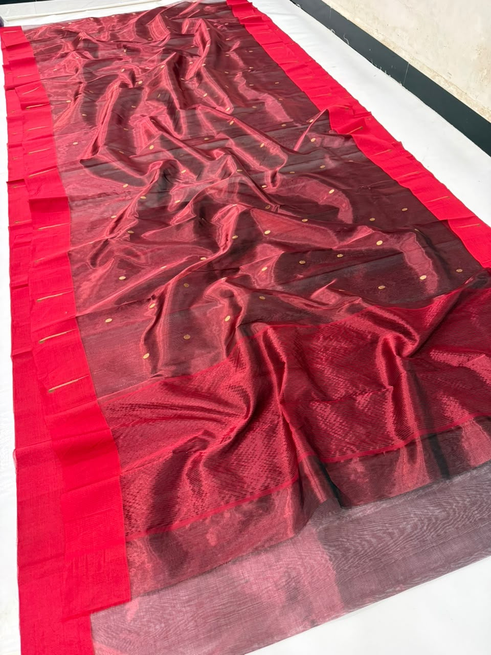 Chanderi Tissue Silk saree with maroon body and red contrast border
