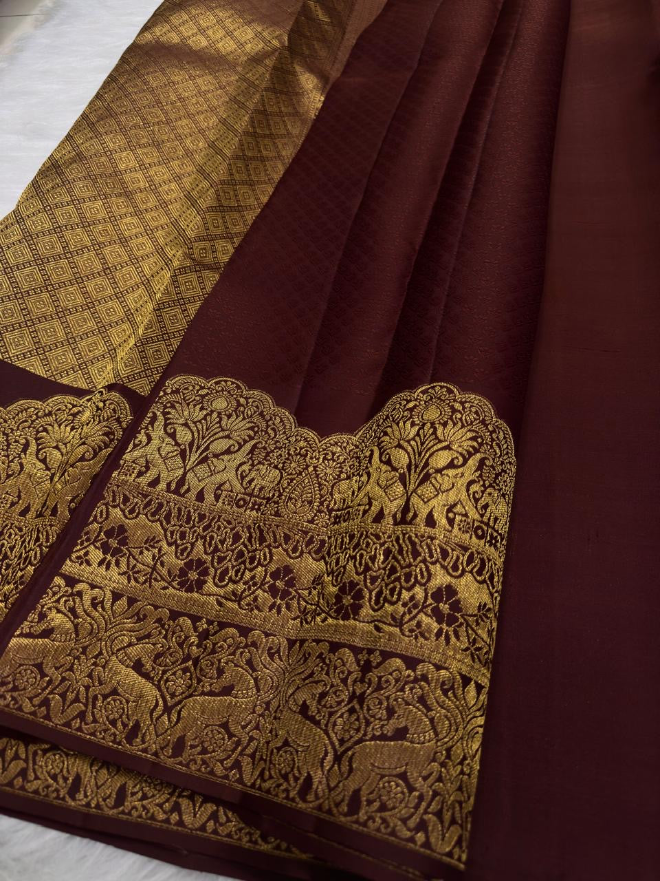 Handwoven maroon Kancheepuram pure silk saree, Idam Living