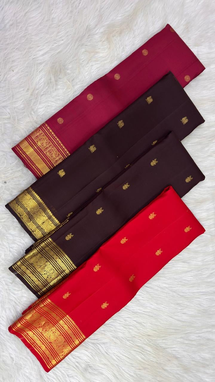 Pure Silk Kanchi Pattu in Deep Arakku Plum with antique-gold floral brocade body