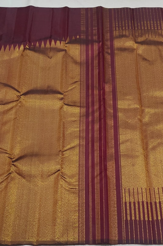 Maroon handwoven Kanchipuram pure silk saree with ettukol gold zari border — Idam Living