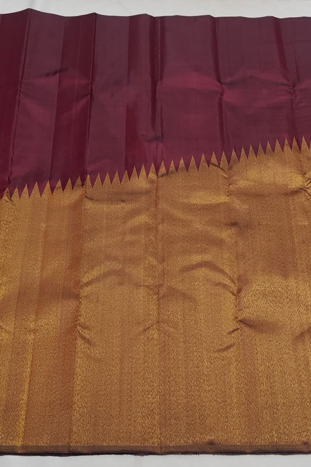 Ettukol flame motifs in gold zari on maroon Kanjipuram pure silk saree — Idam Living