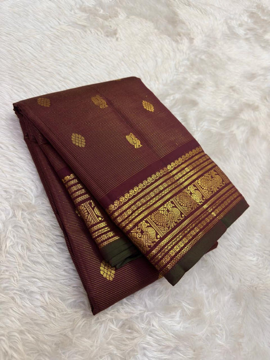 Maroon Kanjivaram saree border with gold zari mayil peacock motif and green selvedge edge — Idam Living