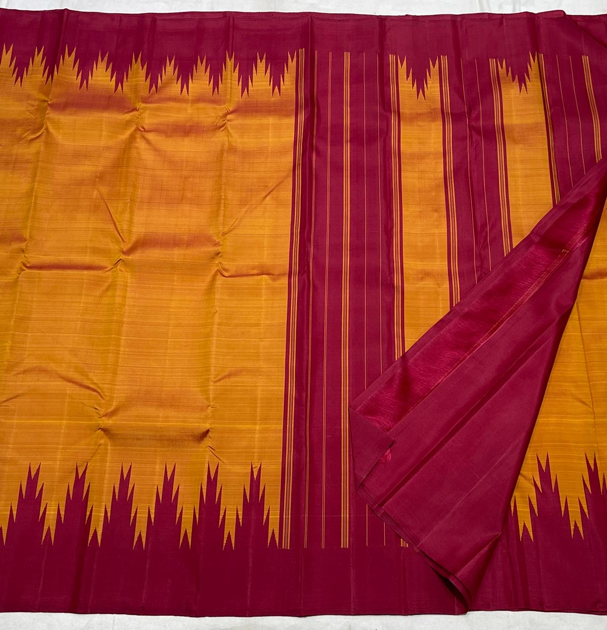 Kanjeevaram silk saree in maroon with mustard border Thazhampoo Reku weave pallu detail