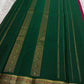 Pure Kanchipuram silk saree full length view showing green body with vertical gold zari lines and petite border