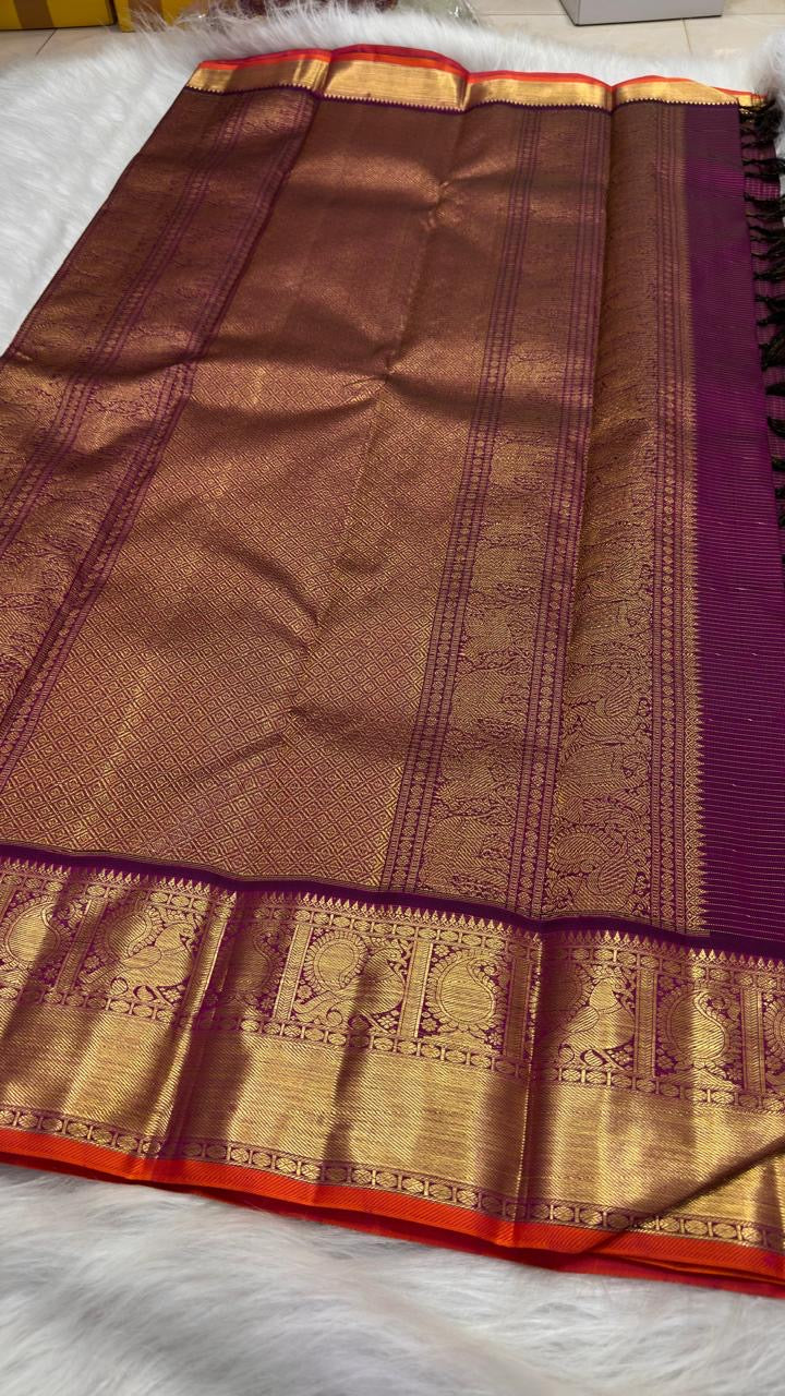 Maroon Handwoven Pure Silk KanchiPattu Saree with Gold Zari Kattam Peacock Motifs