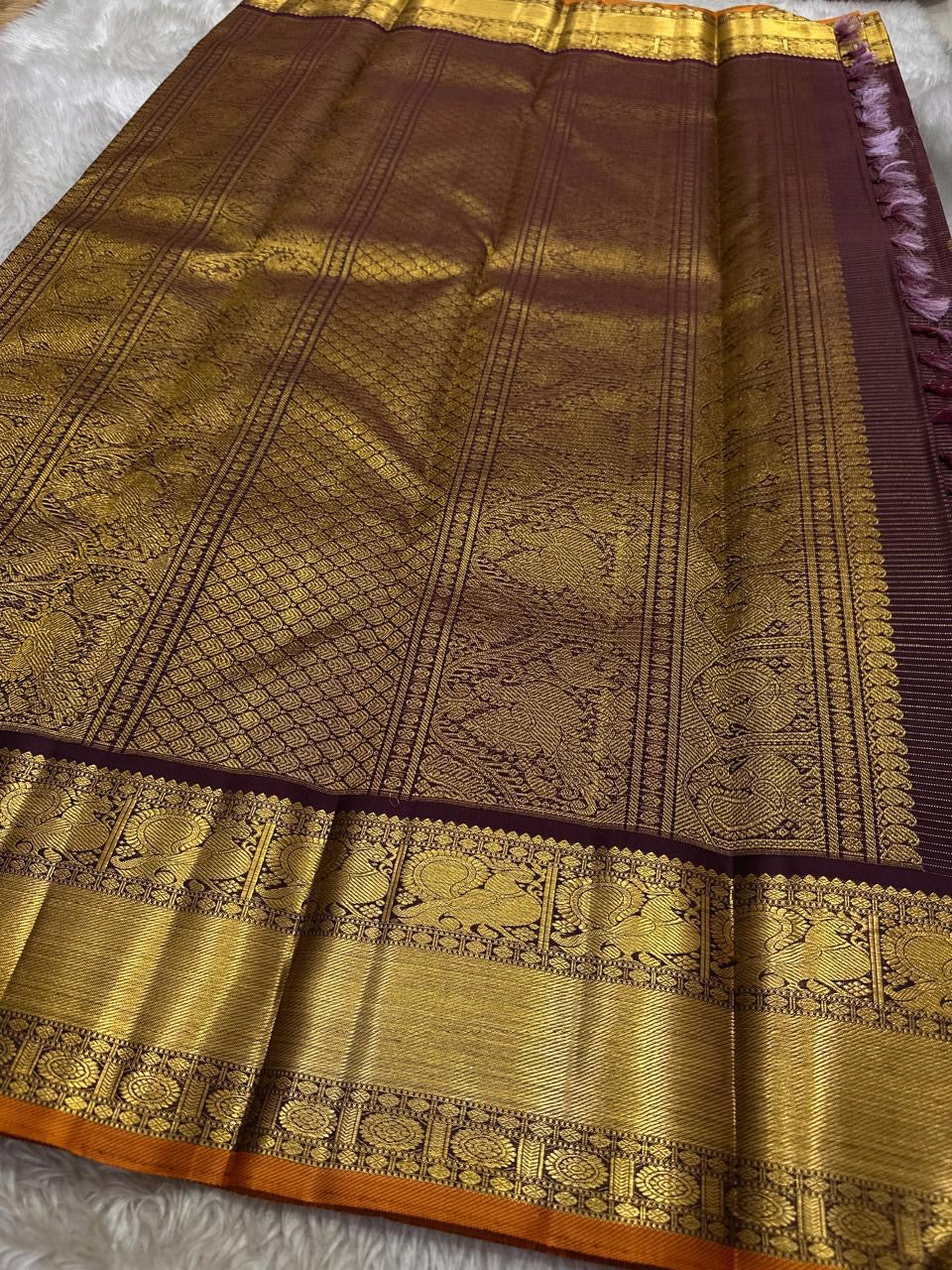 Maroon Handwoven Pure Silk KanchiPattu Saree with Gold Zari Kattam Peacock Motifs