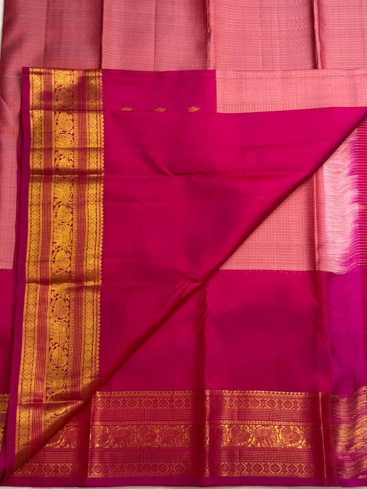 Lotus rose and rani pink butta pure silk Kanjeevaram saree with gold elephant border – view 6