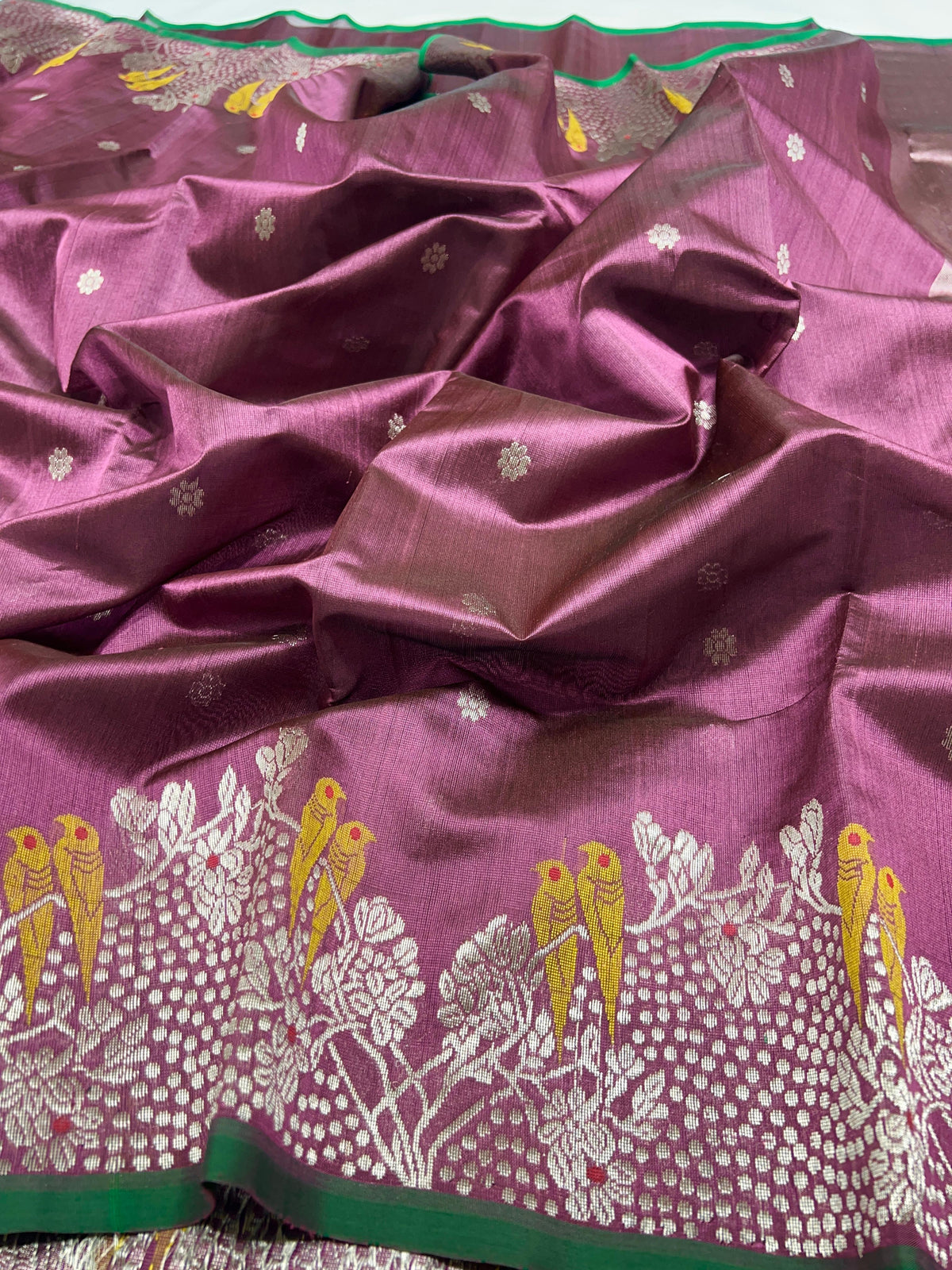 Mauve Chanderi Pattu Silk saree with floral buttas