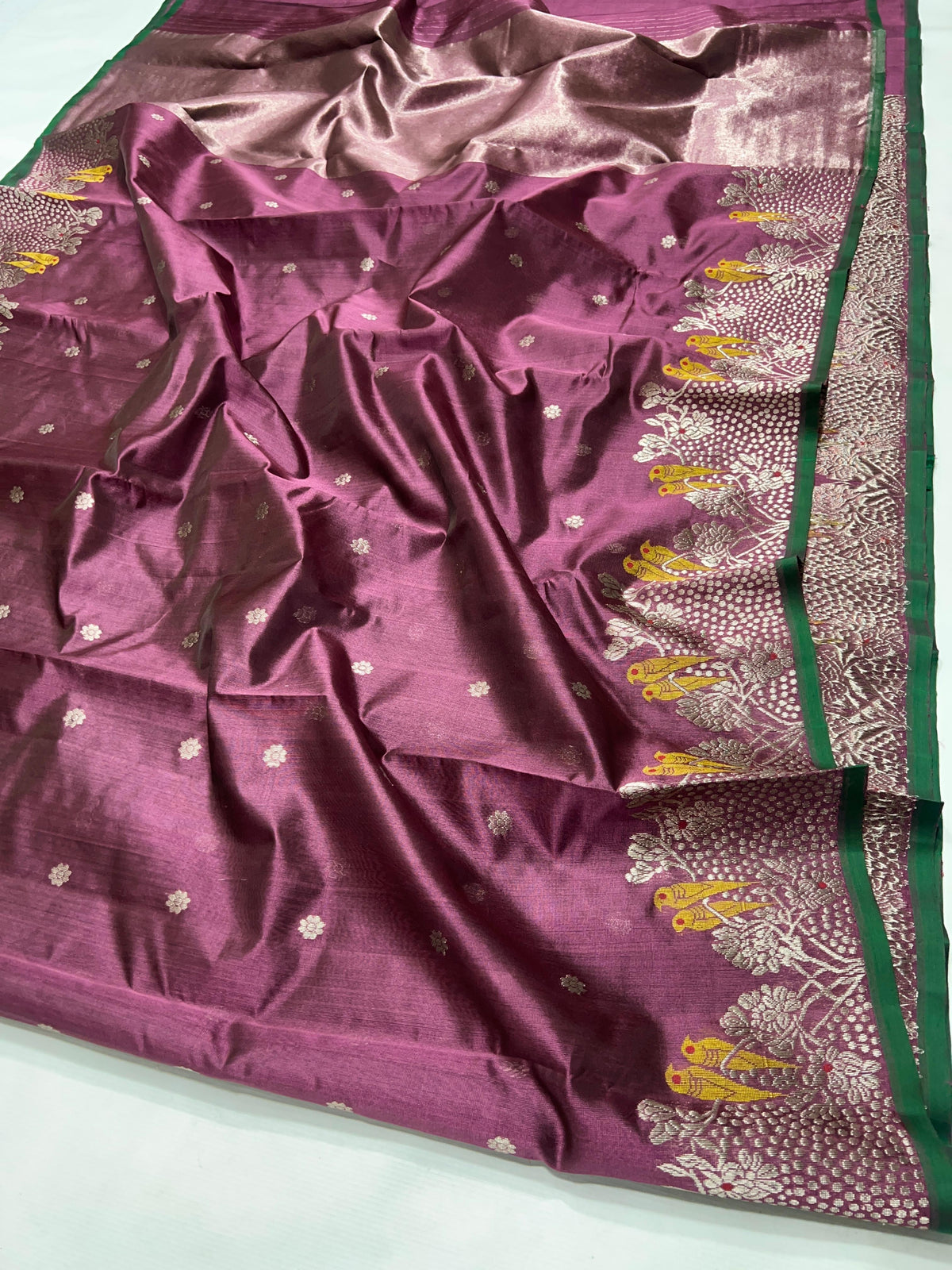 Mauve Chanderi saree with yellow birds and floral border