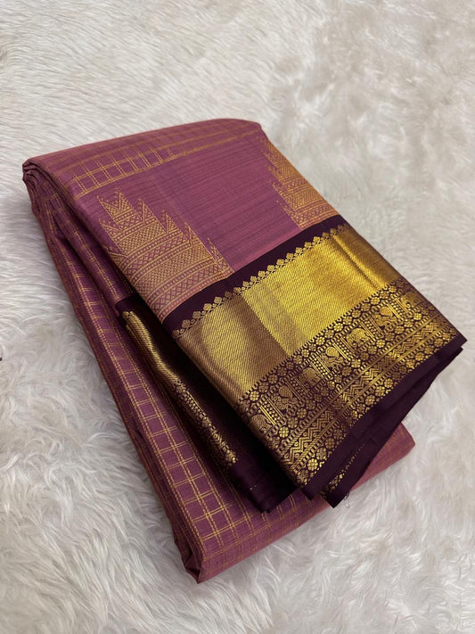 Mauve Kanchipuram silk saree with Zari Kattam weave and deep purple elephant border — Idam Living