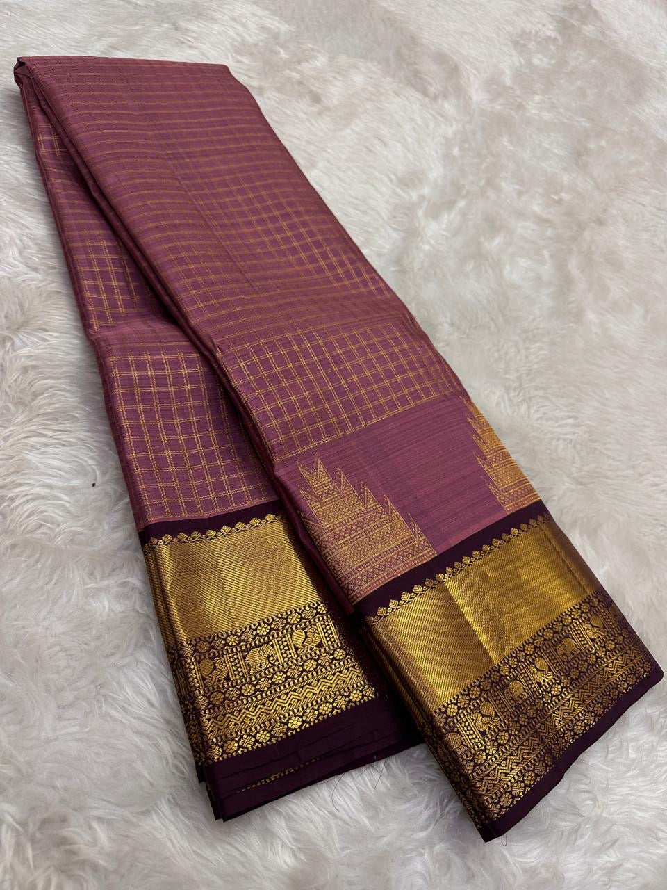 Mauve Kanjeevaram saree with Zari Kattam weave and deep purple Yaanai border — Idam Living