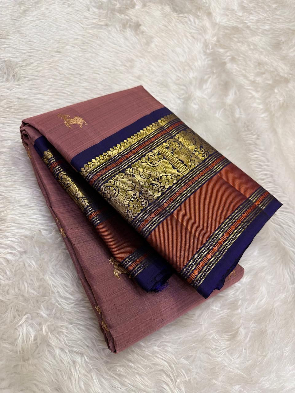 Mauve and Navy Handwoven Pure Silk Kanchi Pattu Saree with Floral Butta and Varisaipet Border