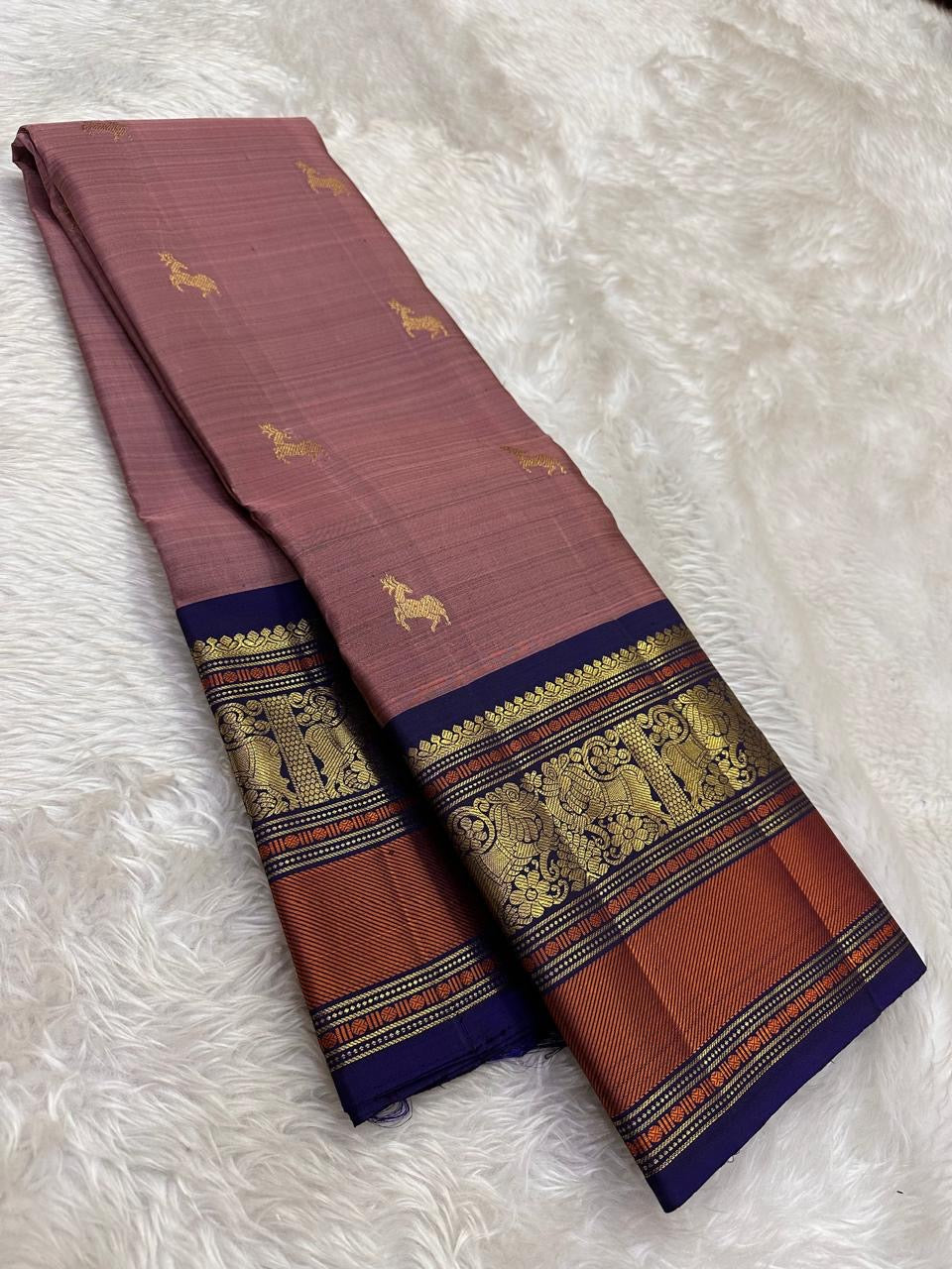 Mauve and Navy Handwoven Pure Silk Kanchi Pattu Saree with Floral Butta and Varisaipet Border