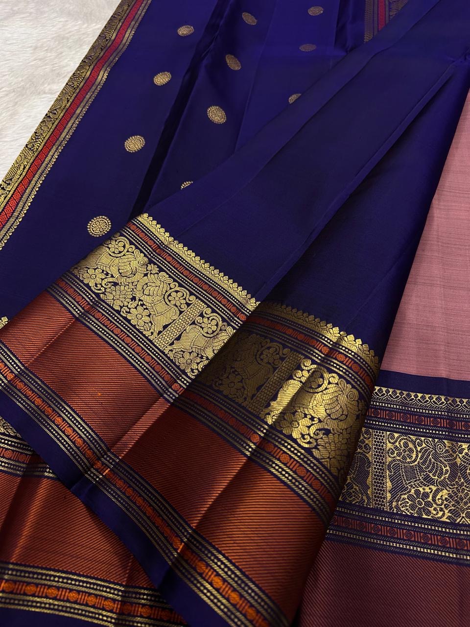 Mauve and Navy Handwoven Pure Silk Kanchi Pattu Saree with Floral Butta and Varisaipet Border
