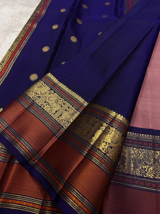 Mauve and Navy Handwoven Pure Silk Kanchi Pattu Saree with Floral Butta and Varisaipet Border
