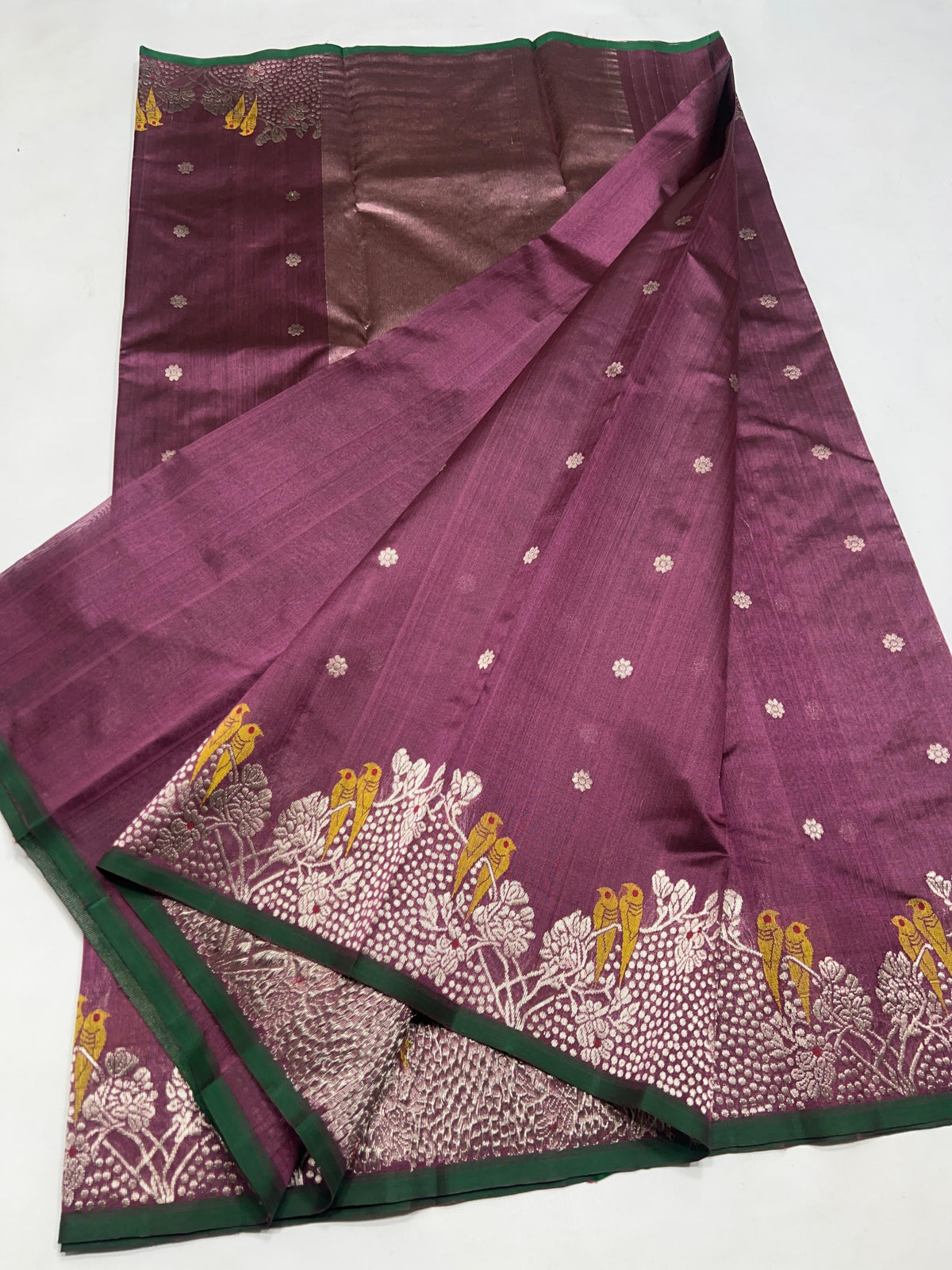 Mauve plum Pure Silk Chanderi saree with bird woven border