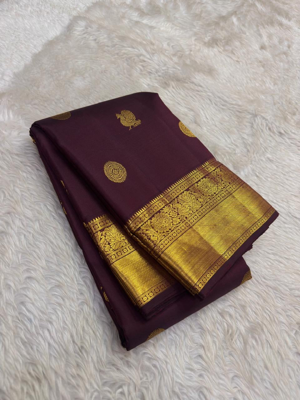 Mayil butta Kanchipuram saree brown purple with antique gold zari border
