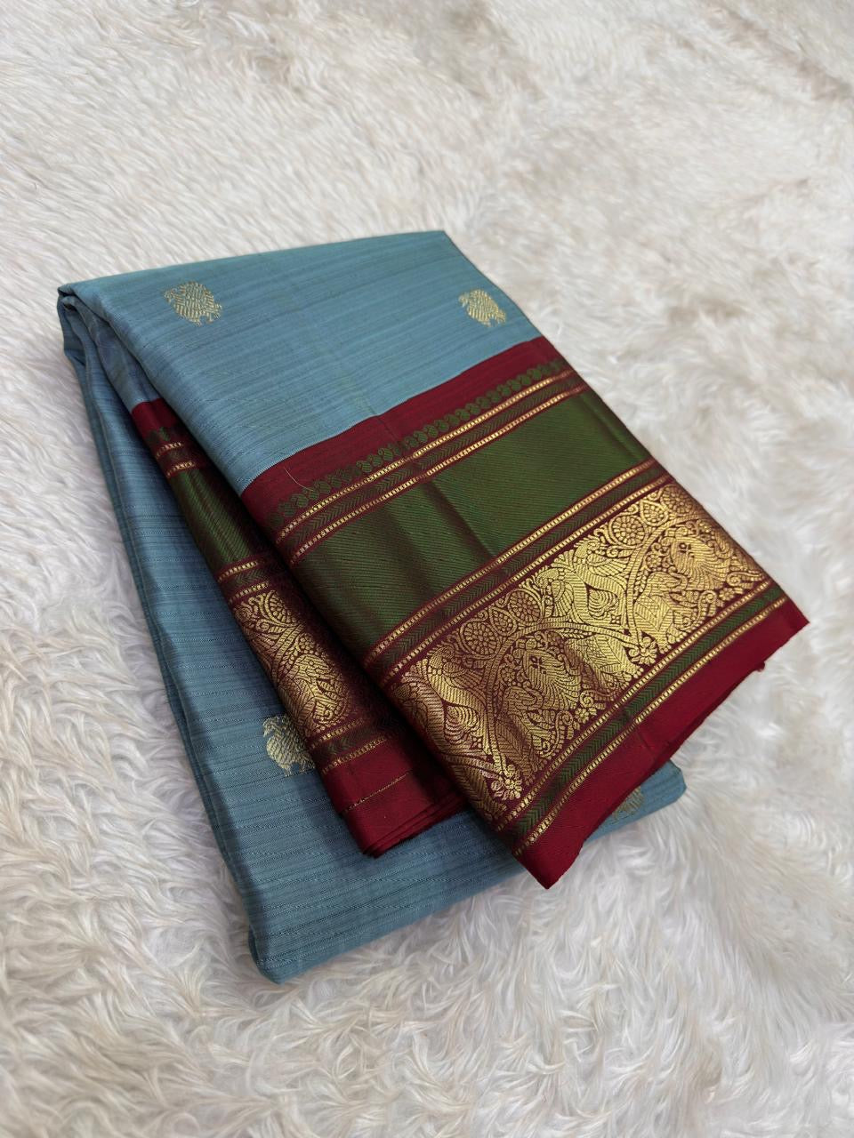 Steel Blue and Deep Green Handwoven Pure Silk Kanjipuram Saree with Mayil Butta and Peacock Silk Thread Zari Border