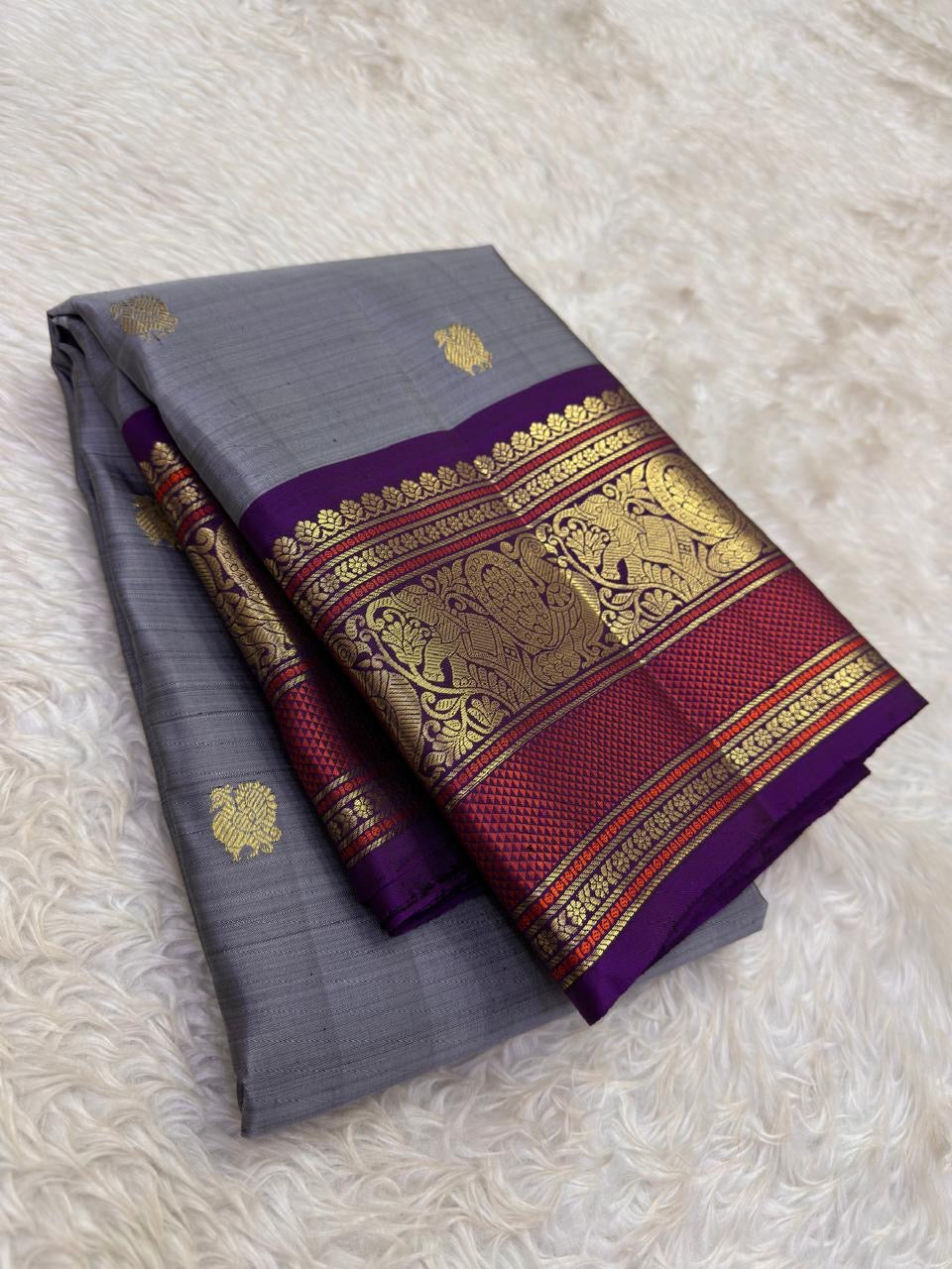 Steel Grey and Kanchana Purple Handwoven Pure Silk Kanchipuram Saree with Mayil Butta and Vanasringaram Yaanai Border