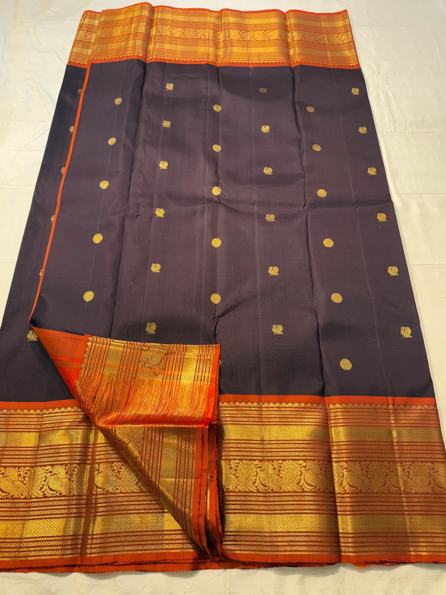 Varisaipet Kancheepuram silk saree in dark purple brown with orange border