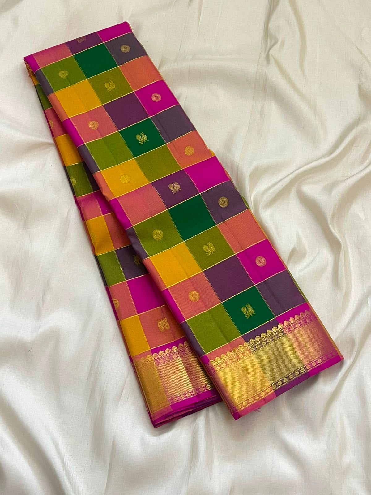 Mayil Chakram motif detail on the multicoloured Kanjivaram Paalum Pazhamum saree