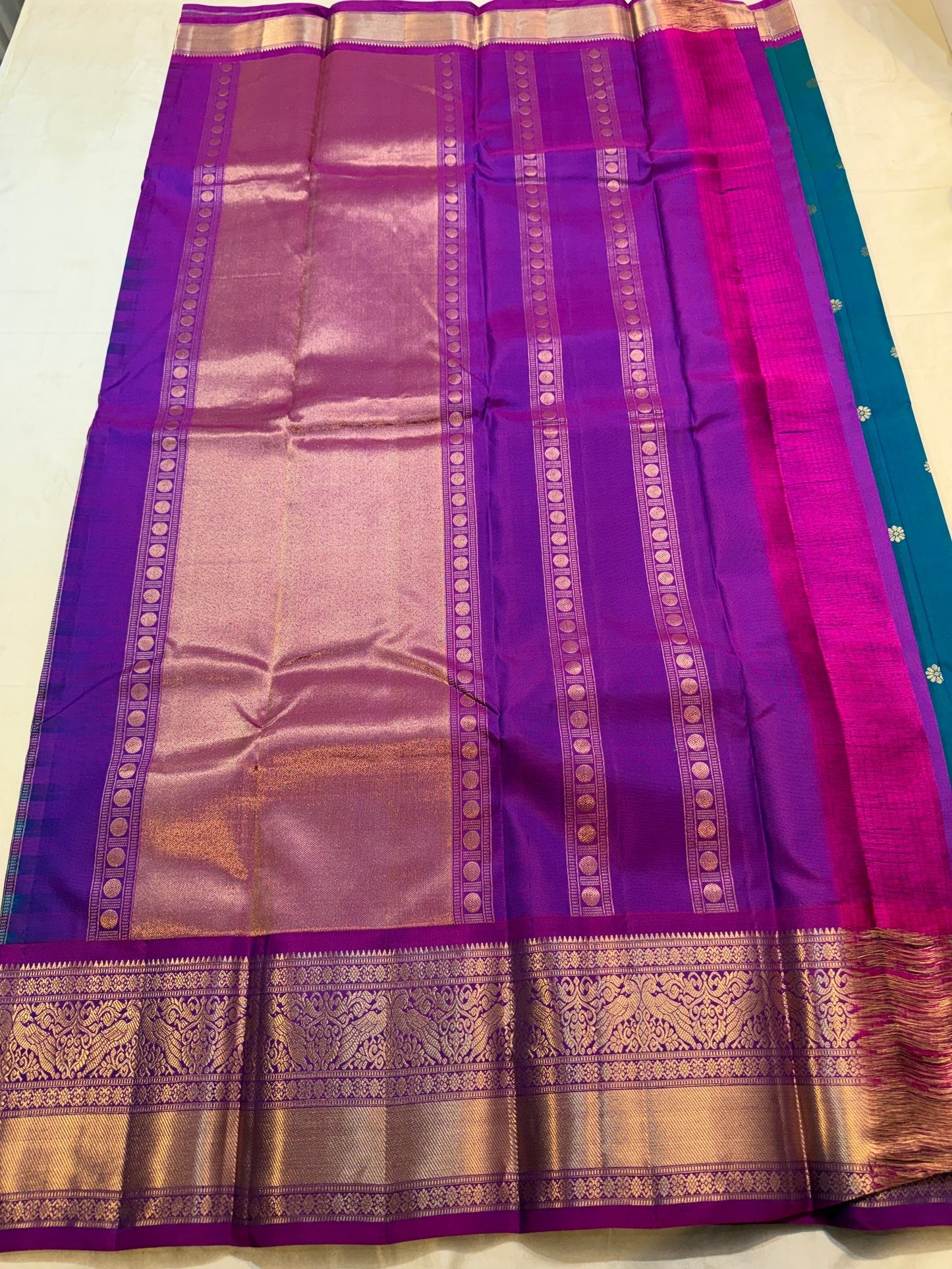 Peacock Blue pure silk Kancheepuram saree — mayil kazhuthu magenta korvai