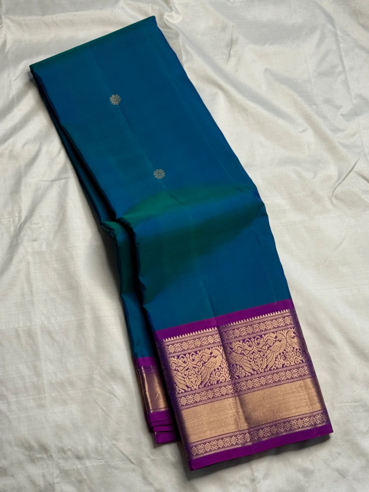 Peacock Blue pure silk Kancheepuram saree — mayil kazhuthu korvai border