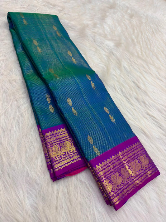 Mayil Kazhuthu peacock-blue-green pure silk Kanjipuram Vairaoosi saree, full drape — Idam Living