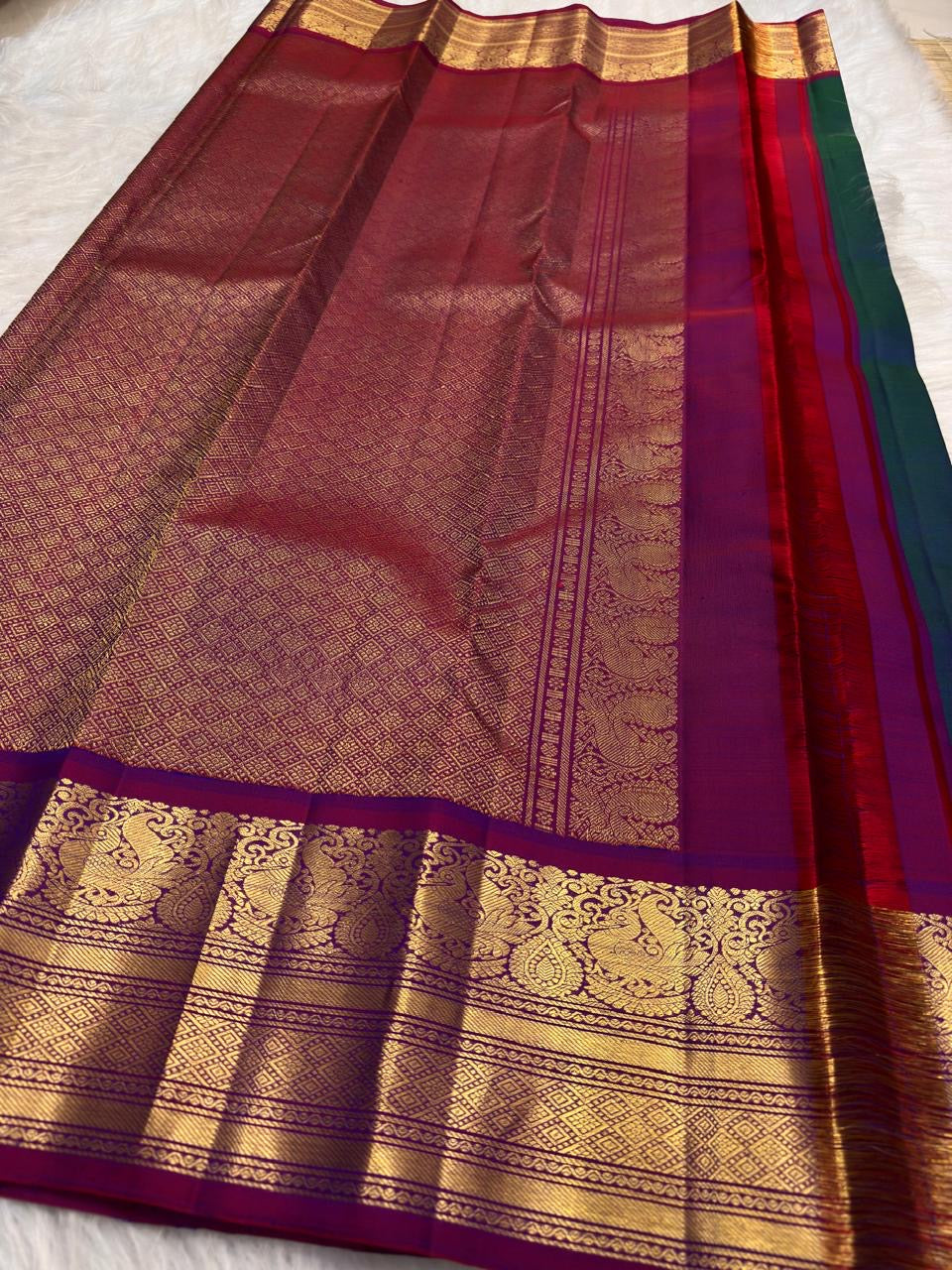 Peacock Blue Emerald Shot Silk Handwoven Pure Silk Kanchipuram Saree with Mayil Zari Border