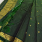 Handwoven pure silk Kanjipuram saree in dark bottle green with Zari Kattam body Pavun coin butta and Mayil antique gold zari border Silk Mark certified