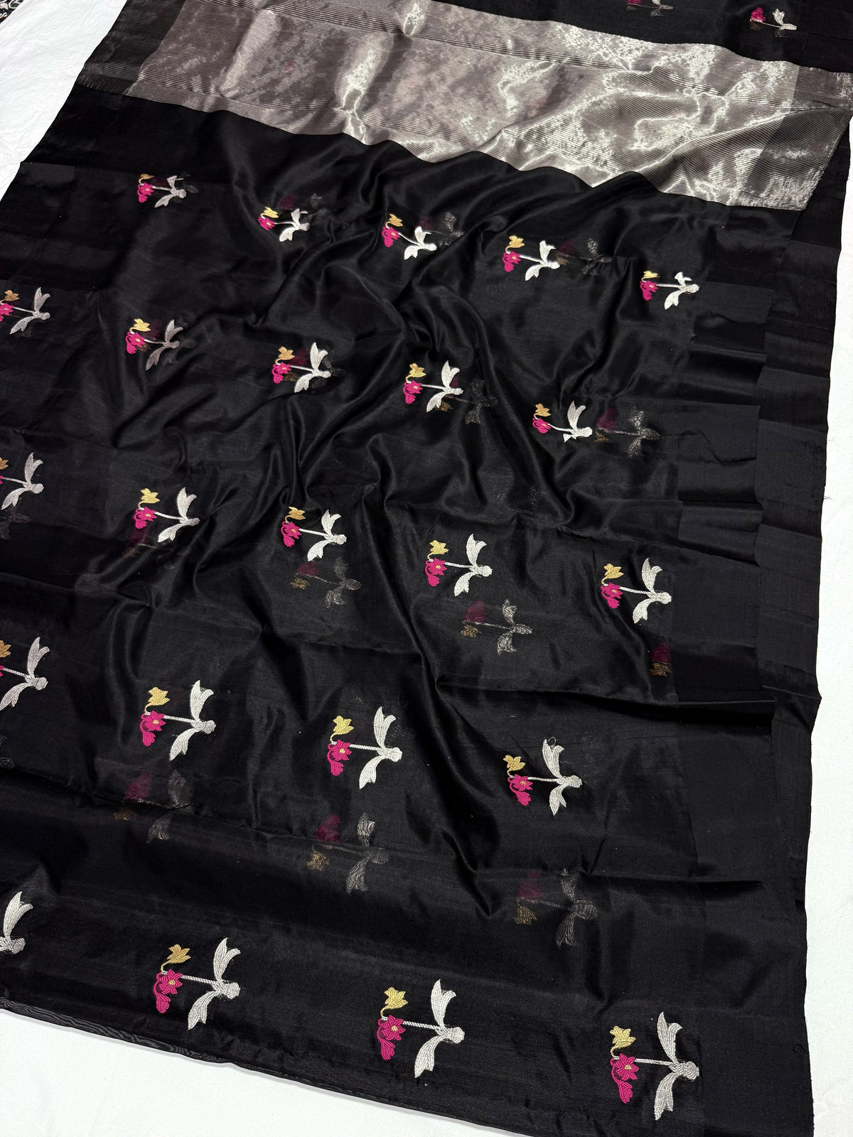 Midnight-black Chanderi Pattu Silk with petite floral details