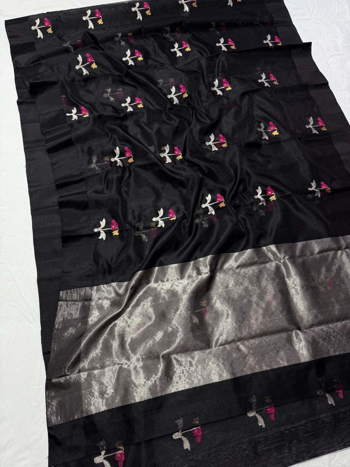 Midnight-black Pattu Silk Chanderi saree by Idam Living