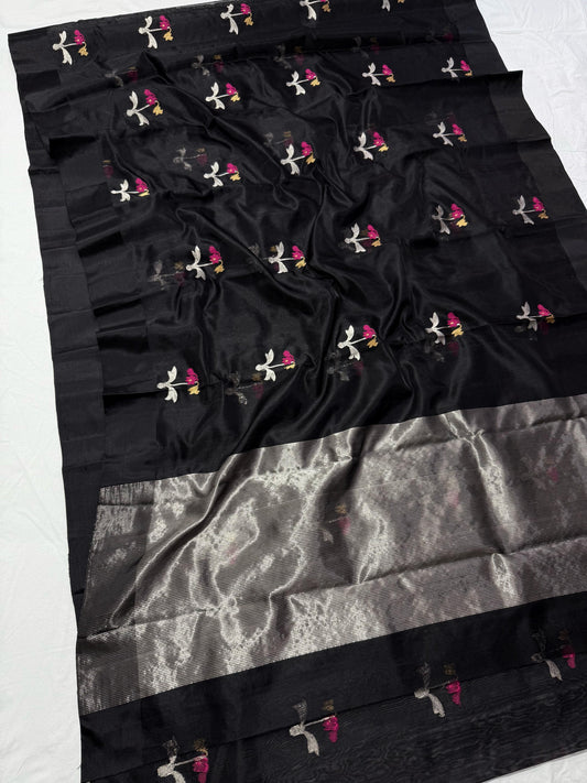 Midnight-black Pattu Silk Chanderi saree by Idam Living