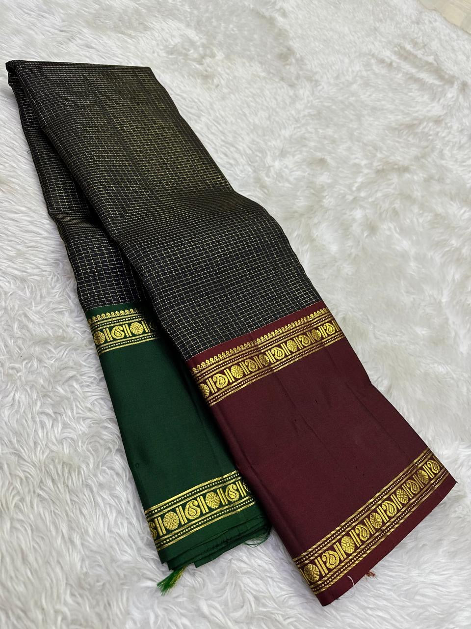 Midnight Black Handwoven Pure Silk KanchiPattu Saree with Ganga Jamuna Zari Kattam Rettapet Border