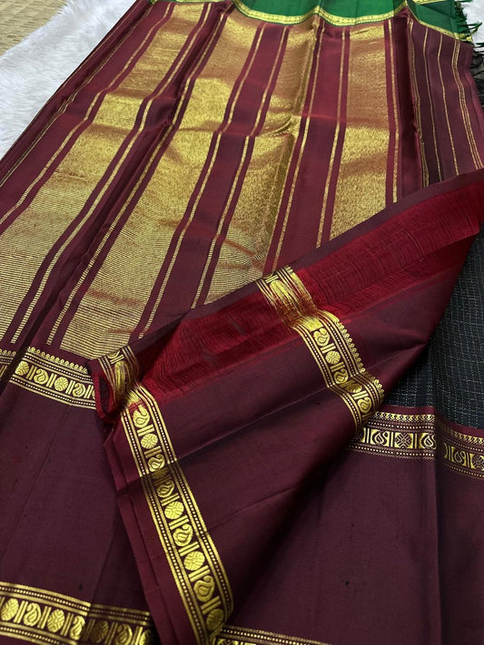 Midnight Black Handwoven Pure Silk KanchiPattu Saree with Ganga Jamuna Zari Kattam Rettapet Border