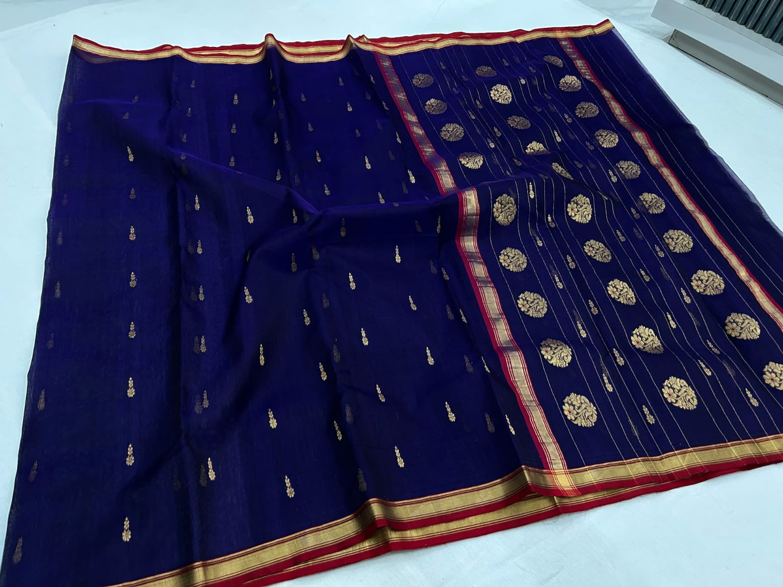 Lightweight Chanderi pattu silk saree with zari buttas and festive drape