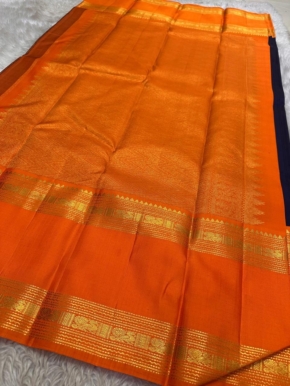 Midnight Blue Handwoven Pure Silk Kancheepuram Saree with Vivid Orange Rettapet Zari Border