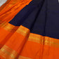 Midnight Blue Handwoven Pure Silk Kancheepuram Saree with Vivid Orange Rettapet Zari Border