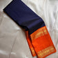 Midnight Blue Handwoven Pure Silk Kancheepuram Saree with Vivid Orange Rettapet Zari Border