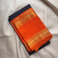 Midnight Blue Handwoven Pure Silk Kancheepuram Saree with Vivid Orange Rettapet Zari Border