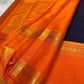 Midnight Blue Handwoven Pure Silk Kancheepuram Saree with Vivid Orange Rettapet Zari Border